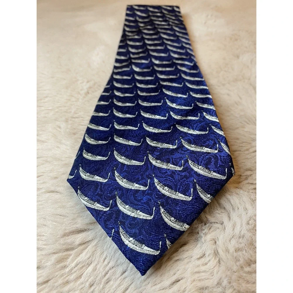 Fabris Venezia MENS TIE NECKTIE Silk 100% Italy Canoe Boat Navy Blue/Silver